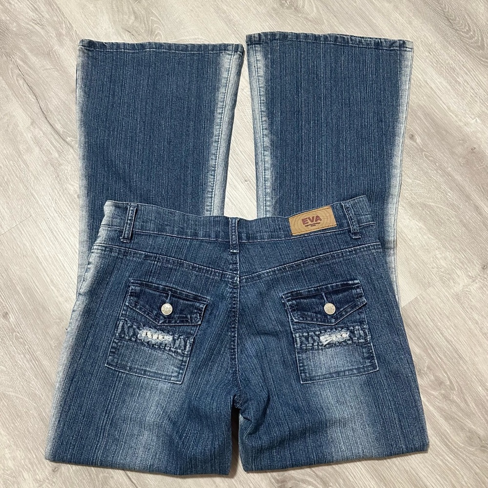 Y2K Vintage Eva Jeans Dark Wash Flare 2000s Denim with Utility Pockets